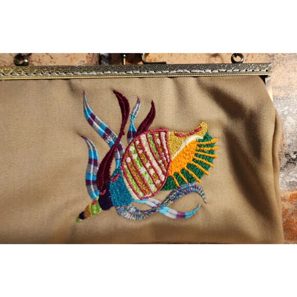 Vintage Brown Crewel Embroidered Handbag Purse - Removable Chain -- Ocean Theme - Picture 2 of 8